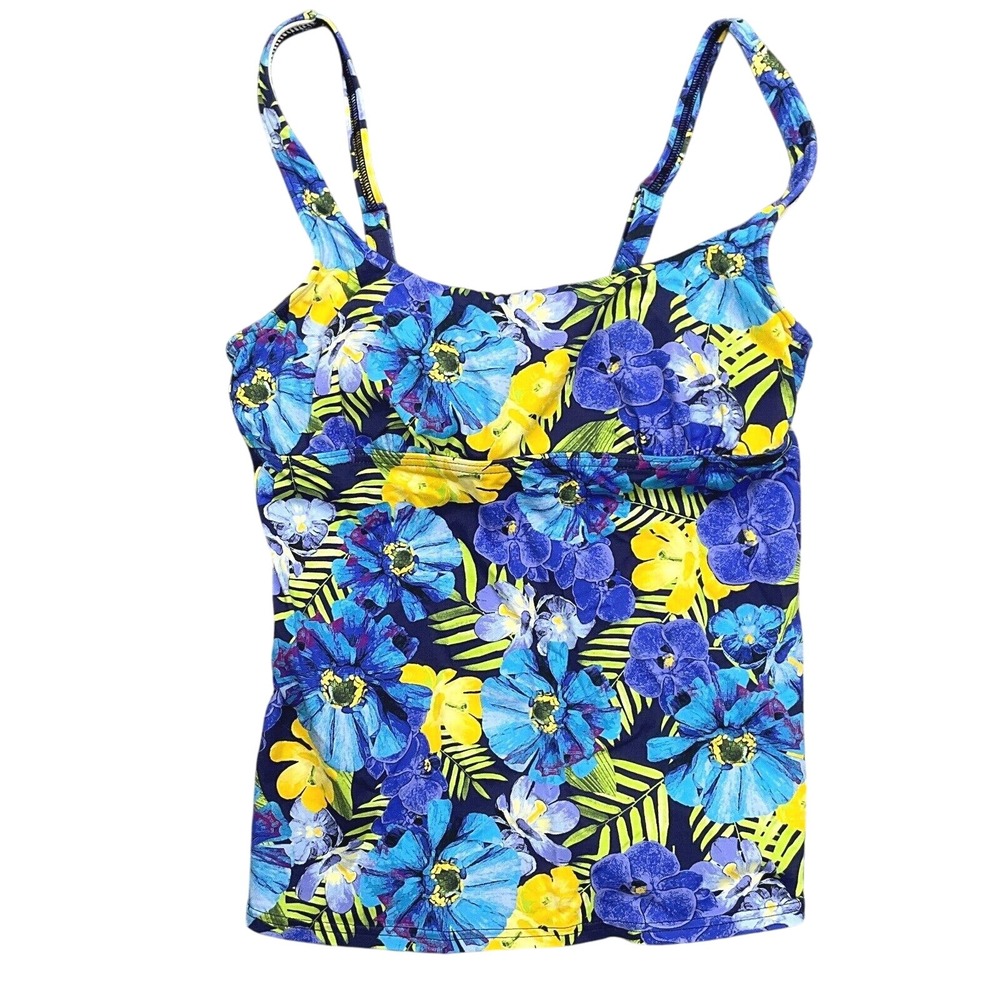 Lands End‎ Tankini Swim Women 4 Blue Yellow Petunia Floral Top Pad Underwire